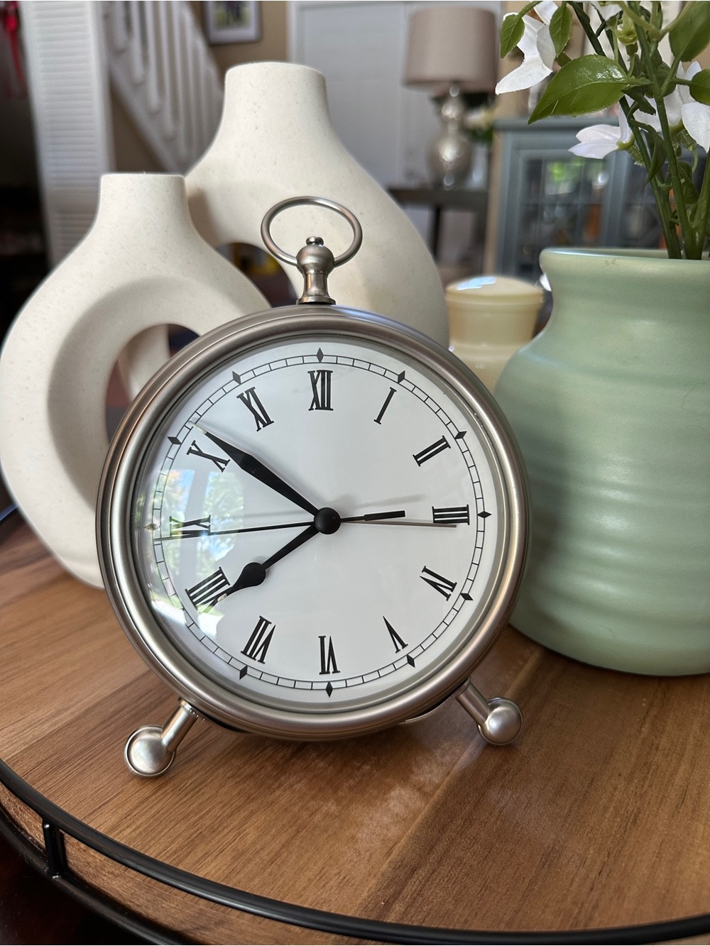 Pottery Barn Silver Pocket Watch Table Clock with White Dial